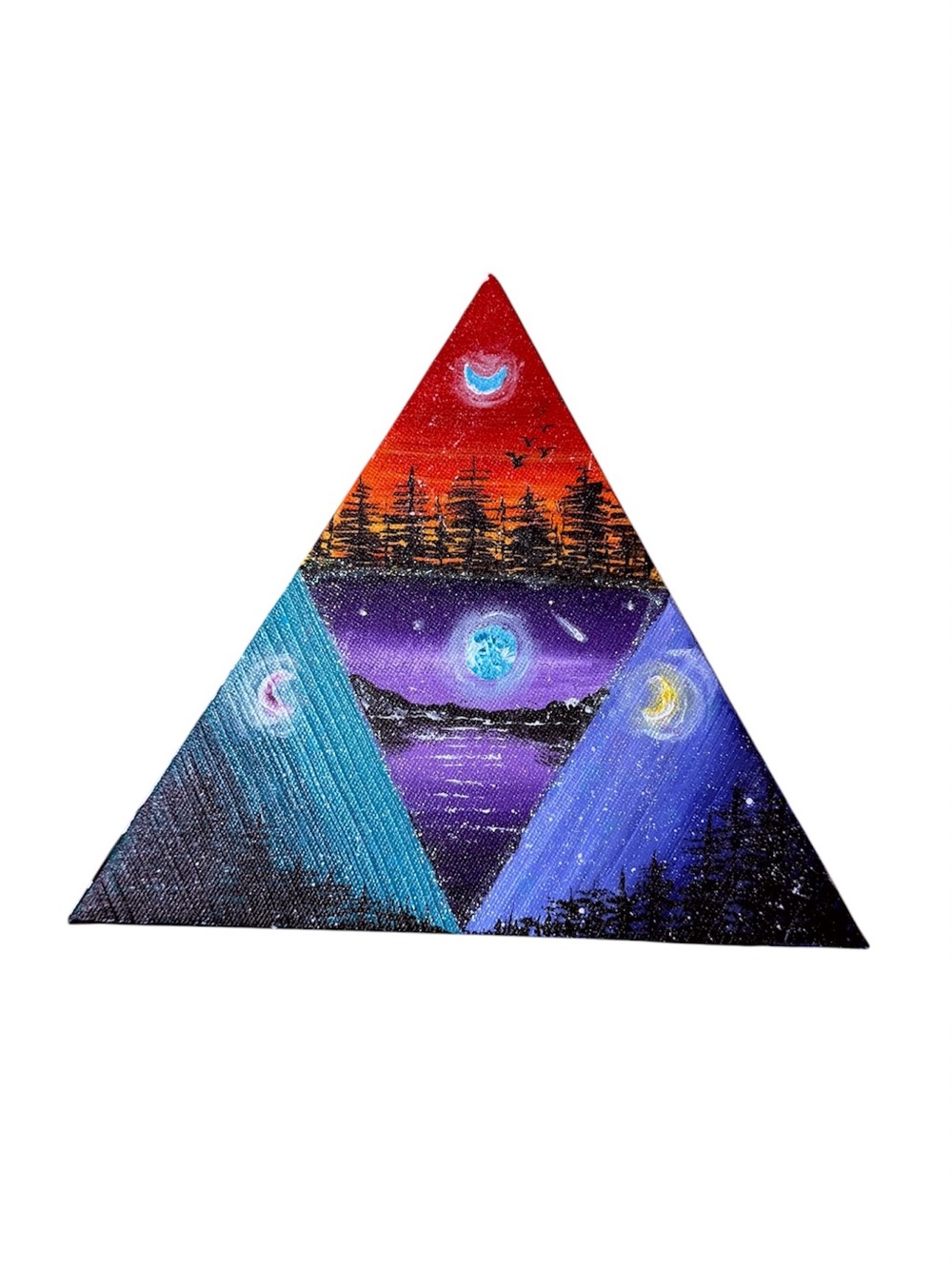 Hand-Painted Triangular Landscape Wall Art - Red, Purple, Teal, Blue